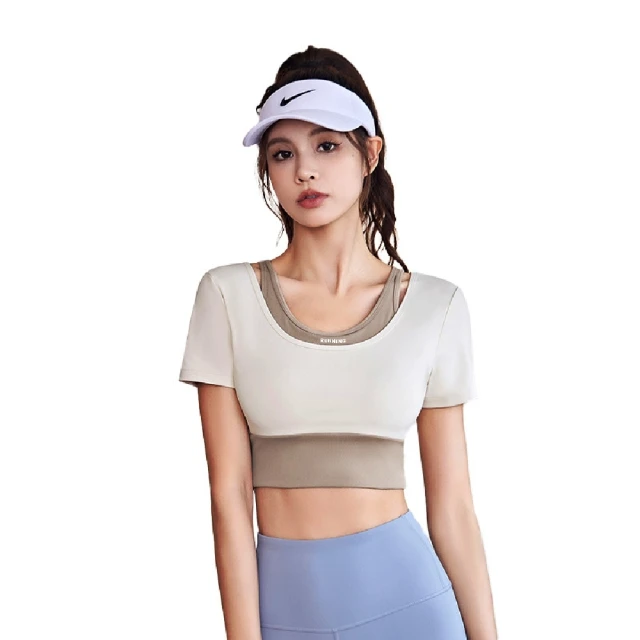 米蘭精品 瑜珈服運動上衣(拼色假兩件帶胸墊女運動服4色74em7)