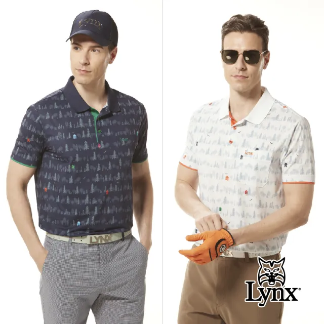 【Lynx Golf】男款銀離子抗菌除臭假兩件式造型森林風印花胸袋款短袖POLO衫/高爾夫球衫(二色)