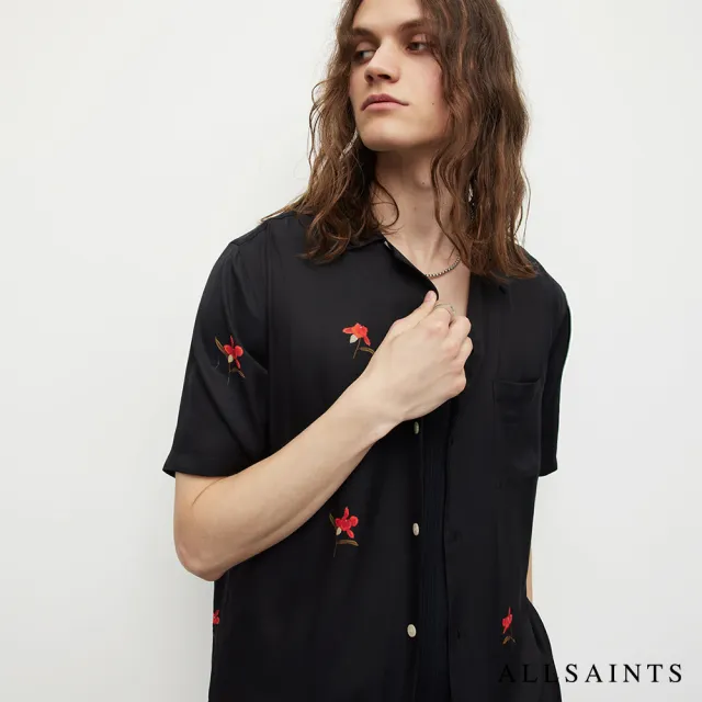 【ALLSAINTS】EIVISSA 人造絲手繪花束印花夏威夷短袖襯衫-黑 MS184Y(舒適版型)