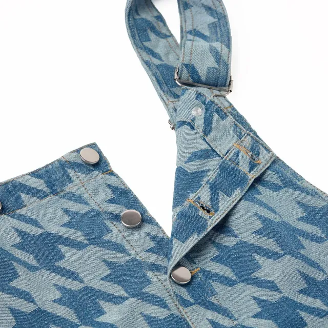 【OUWEY 歐薇】時髦千鳥格魚尾牛仔吊帶洋裝(藍色；S-L；3232328755)
