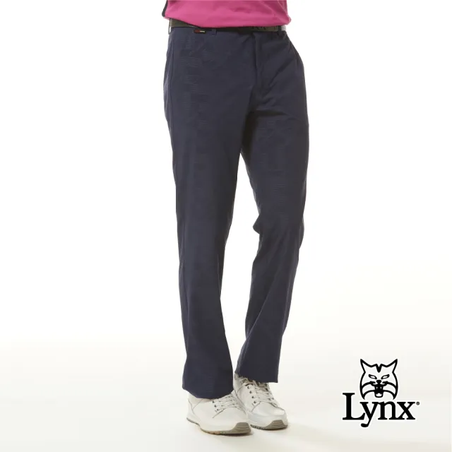 【Lynx Golf】男款防潑水四面彈性山貓精美壓光印後腰LOGO針織帶剪接平口休閒長褲(二色)