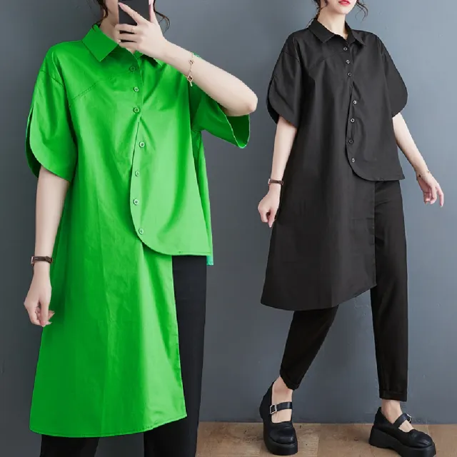 【巴黎精品】現貨+預購 襯衫短袖上衣(寬鬆個性不規則中長款女裝2色a1bt11)