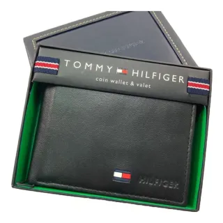 【Tommy Hilfiger】Tommy 簡約經典logo 皮革短夾 原廠盒裝 多功能皮夾(黑色)