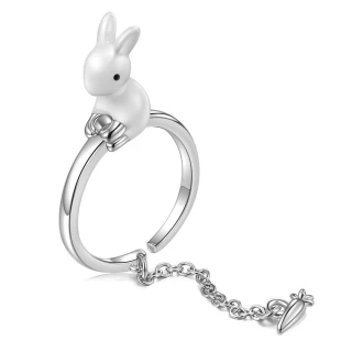 【Jpqueen】月夜白兔滴膠鍊條開口彈性戒指(銀色)