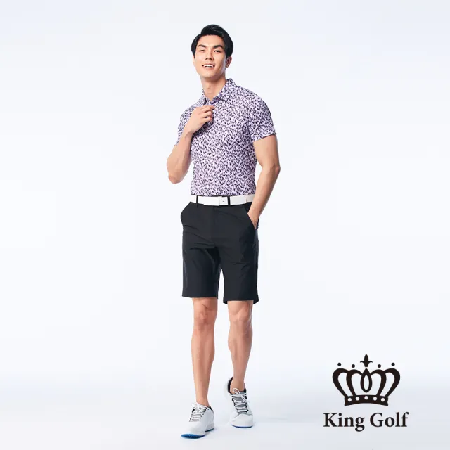 【KING GOLF】速達-網路獨賣款-男款滿版幾何紋印花LOGO燙印涼感短袖POLO衫/高爾夫球衫(紅色)