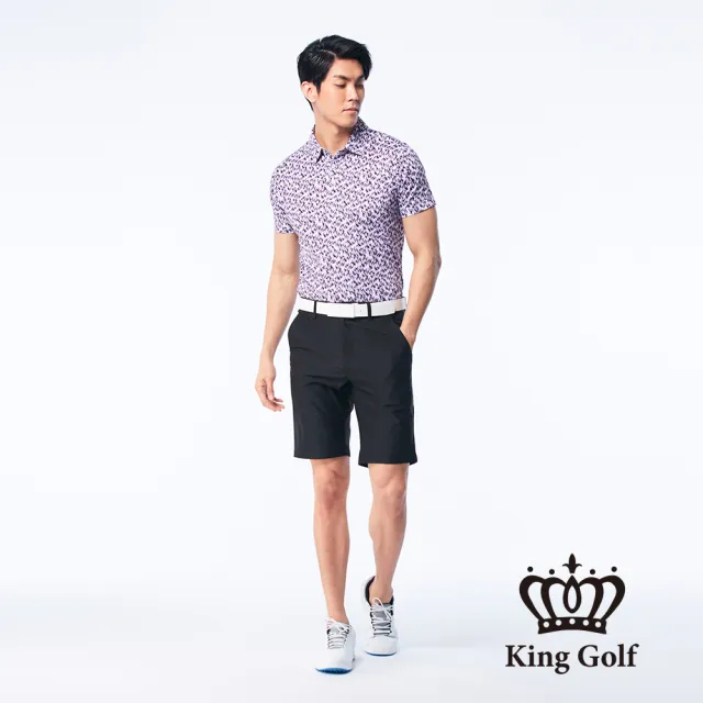 【KING GOLF】速達-網路獨賣款-男款滿版幾何紋印花LOGO燙印涼感短袖POLO衫/高爾夫球衫(紅色)