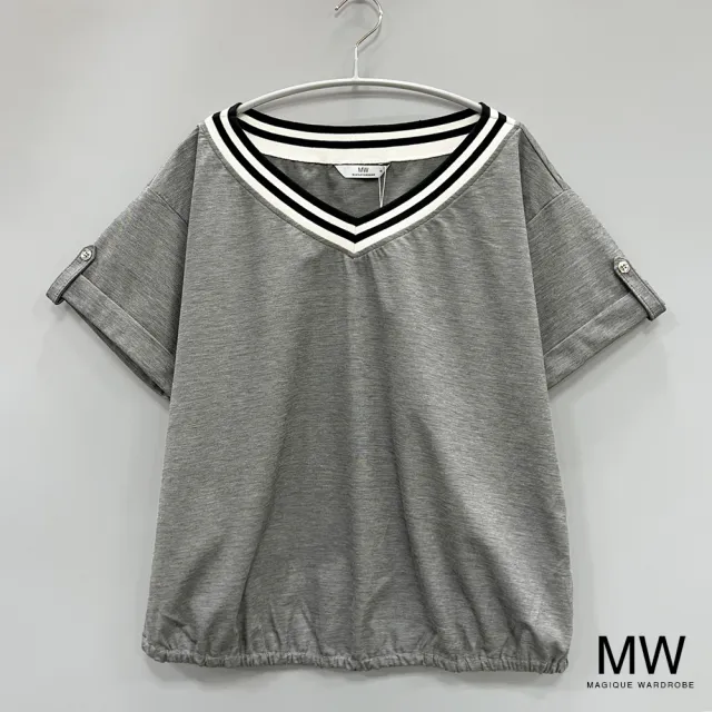 【MAGIQUE WARDROBE】V領羅紋釦飾短袖上衣(2色)