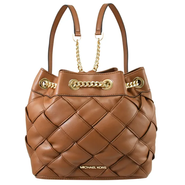【Michael Kors】金屬LOGO菱格紋條紋束口手提後背包(咖)