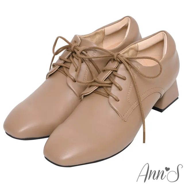 【Ann’S】簡單最真實-皮革素面綁帶方頭粗跟牛津鞋4cm-版型偏小(棕)