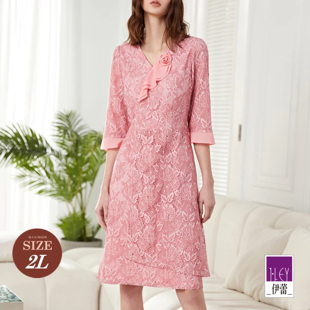 ILEY 伊蕾 輕奢手工立體玫瑰蕾絲長洋裝(粉色；M-2L；1231017126)