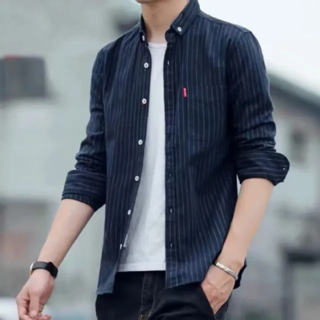 【自己人】韓版男士條紋長袖襯衫(多碼可選 男生襯衫 休閒襯衫 上衣)