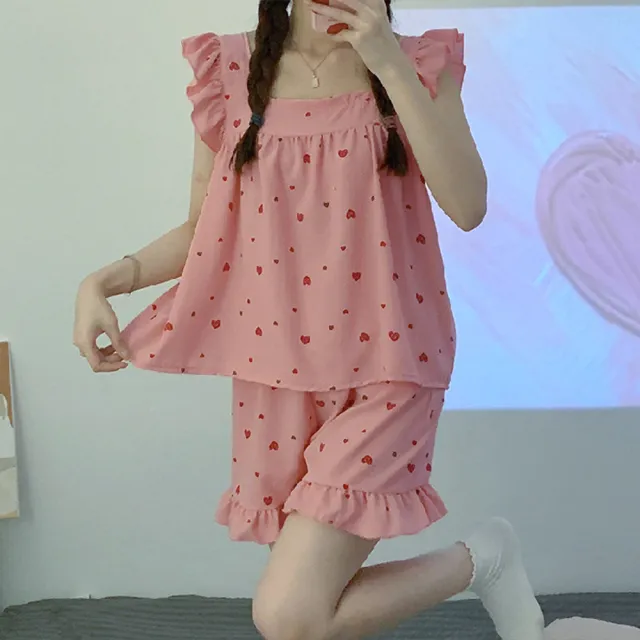 【HanVo】現貨 木耳邊可愛甜美睡衣套裝(日系性感涼感套裝居家服 女生衣著 A08-5946)
