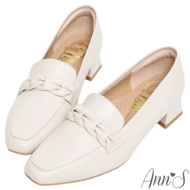 【Ann’S】經典風格MIT-麻花編織綿羊皮真皮粗跟樂福鞋3cm(米)