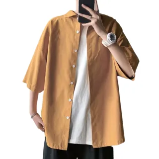 【自己人】港風薄款純色短袖襯衫(男裝 休閒襯衫 寬鬆襯衫 五分袖)