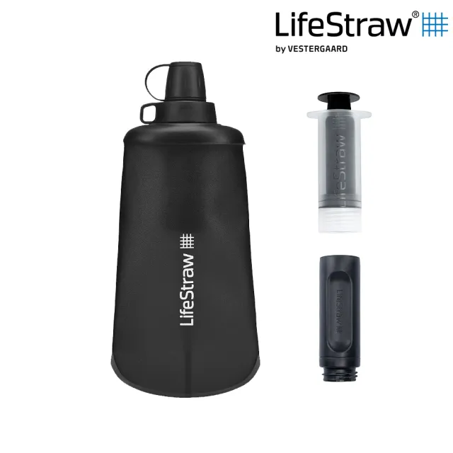 【LifeStraw】Peak 頂峰軟式水瓶 650ml｜深灰(過濾水瓶 可折疊擠壓 越野跑 登山健行 野外求生)