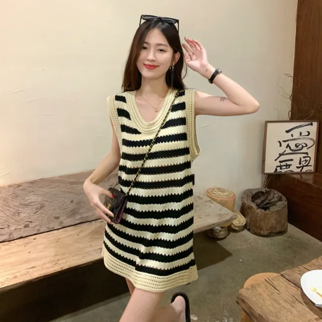 【巴黎精品】現貨+預購 洋裝無袖連身裙(圓領條紋短款針織女裙子a1ao60)