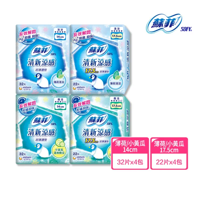 【Sofy 蘇菲】清新涼感護墊 薄荷清涼/小黃瓜微涼 4入組(14/17.5cm)