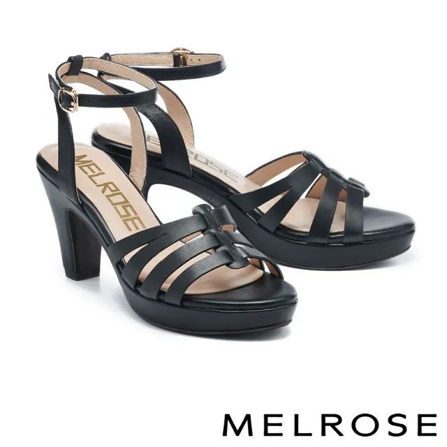 【MELROSE】美樂斯 質感簡約條帶牛皮美型高跟涼鞋(黑)