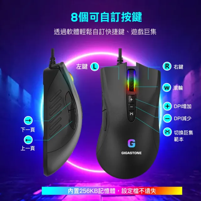 【GIGASTONE 立達】GM-X031 RGB電競滑鼠(3200 DPI/8個自訂按鍵/支持遊戲巨集/全彩1680萬燈光)