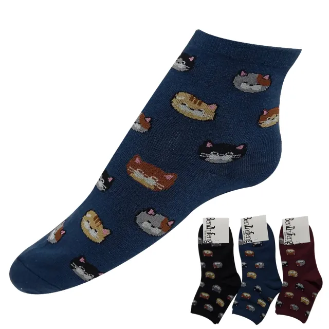 【本之豐】12雙組 韓版細針棉質貓咪圖案經濟短襪 淑女襪(MIT 黑色、灰藍色、酒紅色)