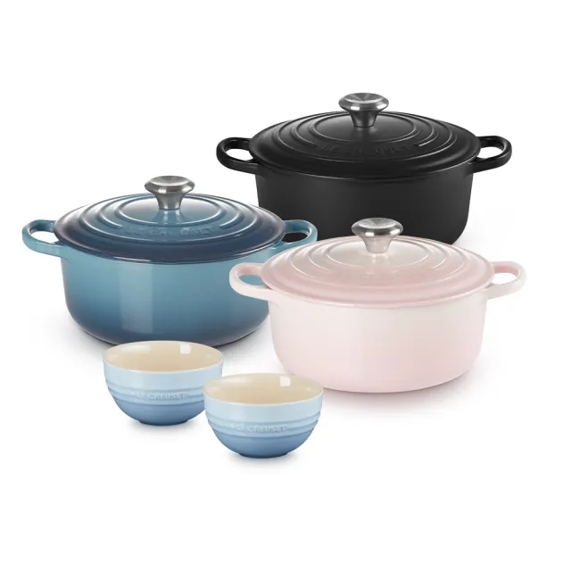 【Le Creuset】典藏琺瑯鑄鐵鍋圓鍋20cm+韓式飯碗2入