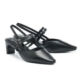 【BYHUE】簡約氣質純色雙繫帶羊皮方頭高跟鞋(黑)