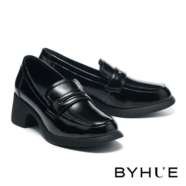 【BYHUE】別致簡約微皺光感方頭軟芯樂福高跟鞋(黑)