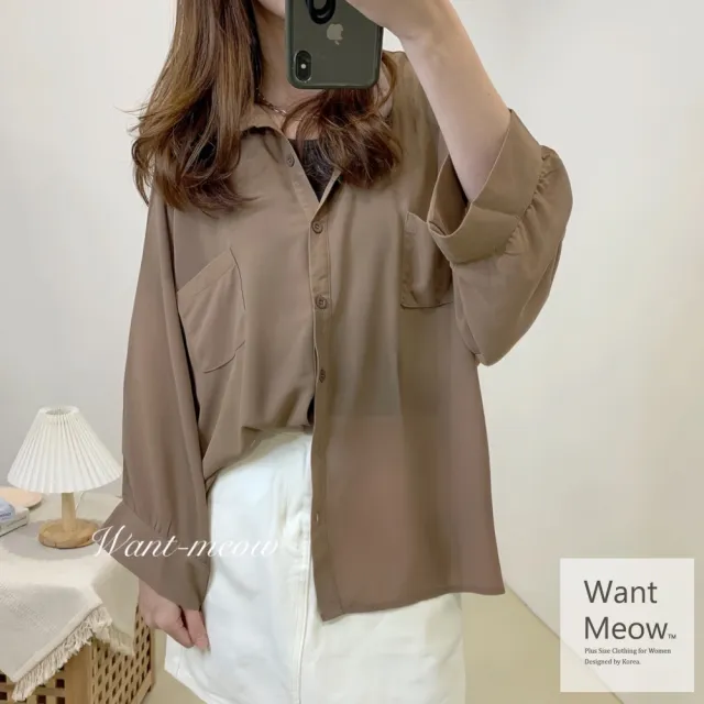 【Want-Meow】100公斤可穿/透膚前兩口袋雪紡襯衫(罩衫/遮陽/大尺碼上衣/大碼襯衫/中大尺碼襯衫)
