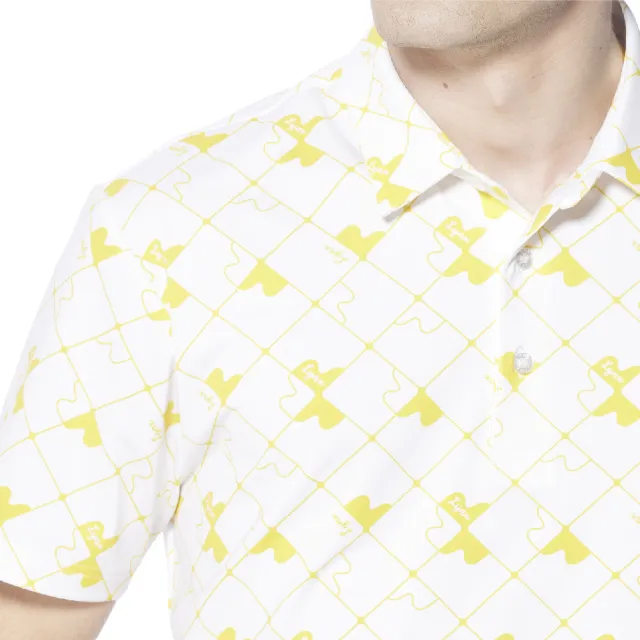 【Lynx Golf】男款吸汗速乾機能菱格紋拼圖造型Lynx繡花短袖POLO衫(白色)