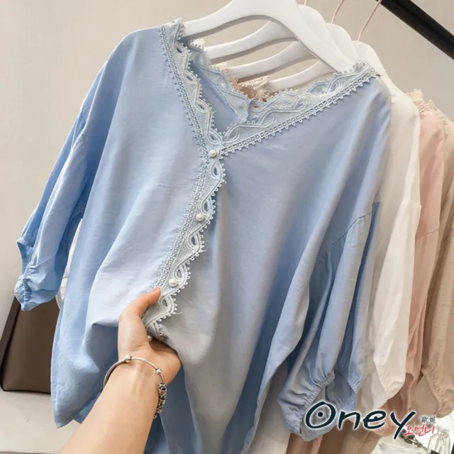 【ONEY 歐妮】★韓版時尚蕾絲緹花V領雪紡衫(春夏/蕾絲緹花/V領設計/雪仿罩衫)