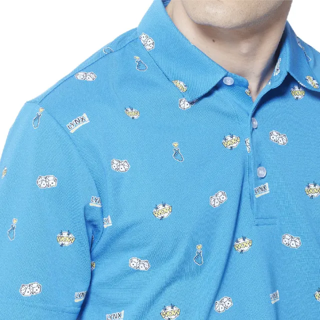【Lynx Golf】男款吸溼排汗機能滿版俏皮CASINO骰子圖樣印花短袖POLO衫(寶藍色)