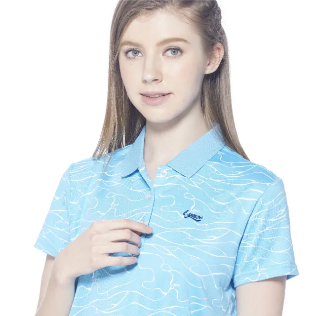 【Lynx Golf】女款吸溼排汗機能羅紋領設計滿版水波圖樣印花短袖POLO衫(淺藍色)