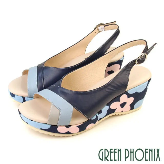 【GREEN PHOENIX 波兒德】女 涼鞋 全真皮 厚底 楔型 牛皮 輕量 乳膠鞋墊 台灣製(藍色、可可)