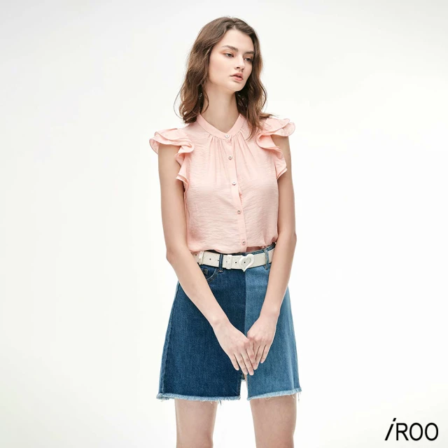 【iROO】釘飾刷色牛仔短裙