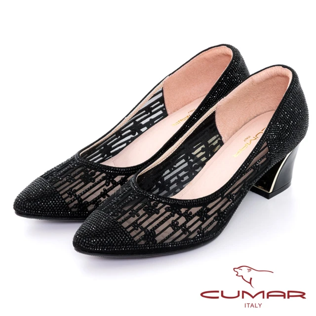 【CUMAR】鏤空鑽飾粗跟鞋(黑色)