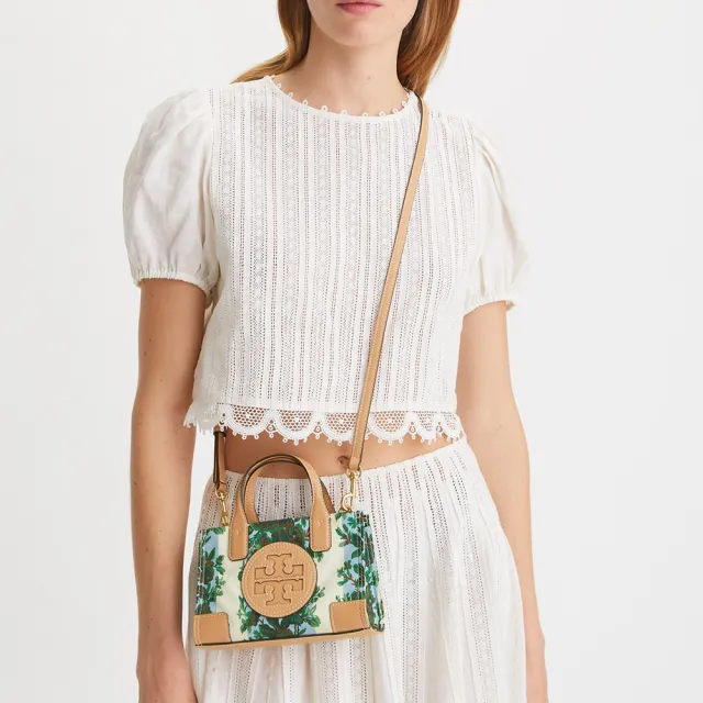 【TORY BURCH】經典雙T LOGO 復古花卉圖騰帆布手提包/斜背包(包包很小 請注意尺寸)