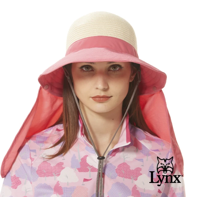 Lynx Golf 女款典雅大方紙絲材質防曬披巾設計蝴蝶結造型竹編外觀不可調大盤帽(桃粉色)