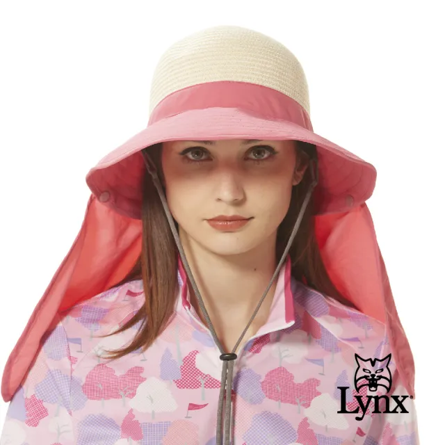 【Lynx Golf】女款典雅大方紙絲材質防曬披巾設計蝴蝶結造型竹編外觀不可調大盤帽(桃粉色)