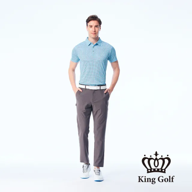 【KING GOLF】速達-網路獨賣款-男款夏日幾何圖形底紋印花涼感短袖POLO衫/高爾夫球衫(藍色)