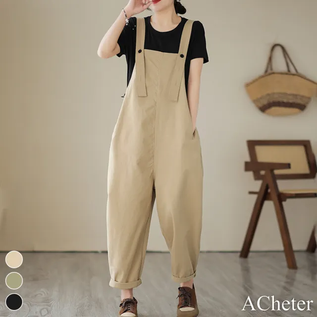 【ACheter】薄款純色減齡大碼百搭背吊帶連身寬鬆休閒長褲#116713(3色)