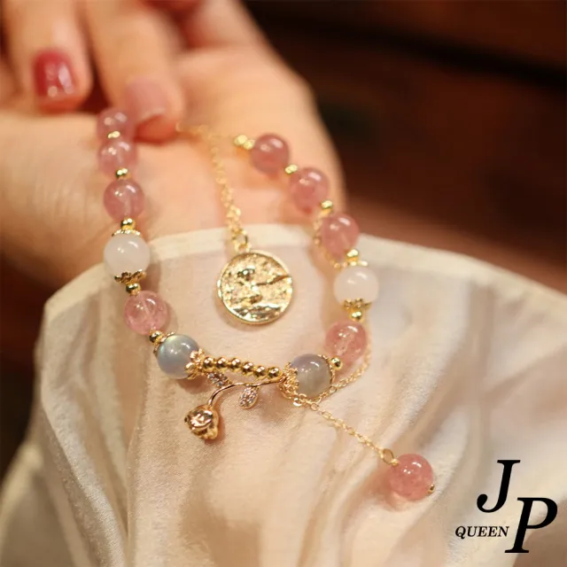 【Jpqueen】草莓玉晶小兔子甜美串珠手鍊(2色可選)