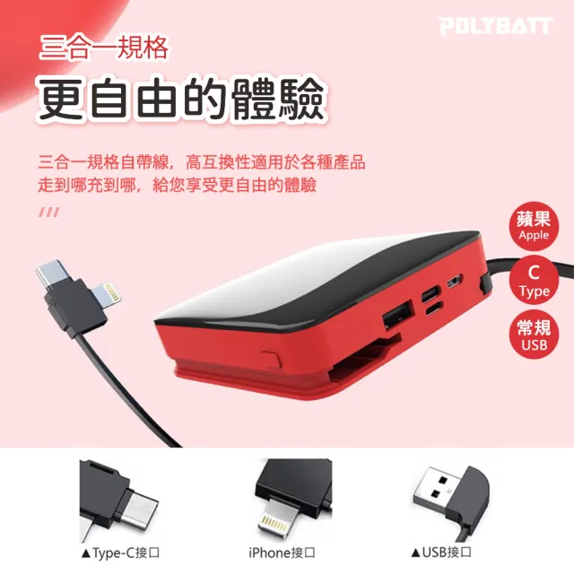 【POLYBATT】台灣製造FK20000數顯10000mAh大容量行動電源12W雙孔輸出(可拆式自帶線 Lightning+Type-c)