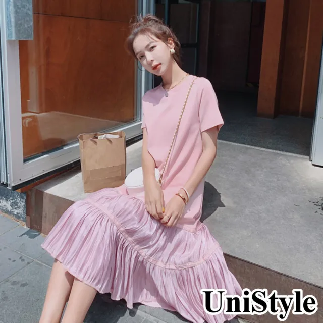 【UniStyle】現貨 短袖連身洋裝拼接百褶裙擺 清新甜美風 女 ZM202-C61(粉)