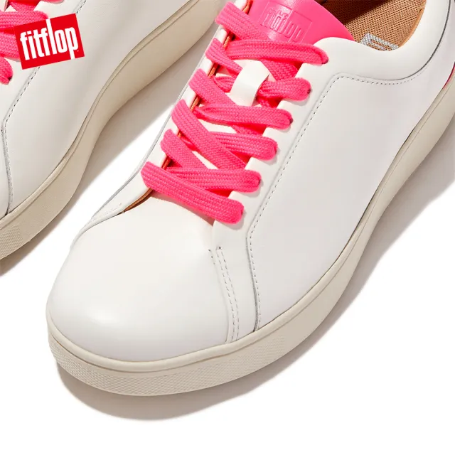 【FitFlop】RALLY NEON-POP LEATHER SNEAKERS螢光撞色繫帶休閒鞋-女(都會白/熒光粉)