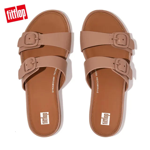 【FitFlop】GRACIE RUBBER-BUCKLE TWO-BAR LEATHER SLIDES扣環造型皮革雙帶涼鞋-女(米色)