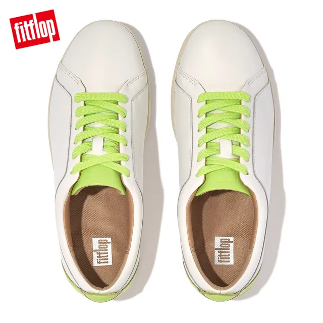 【FitFlop】RALLY NEON-POP LEATHER SNEAKERS螢光撞色繫帶休閒鞋-女(都會白/熒光黃)