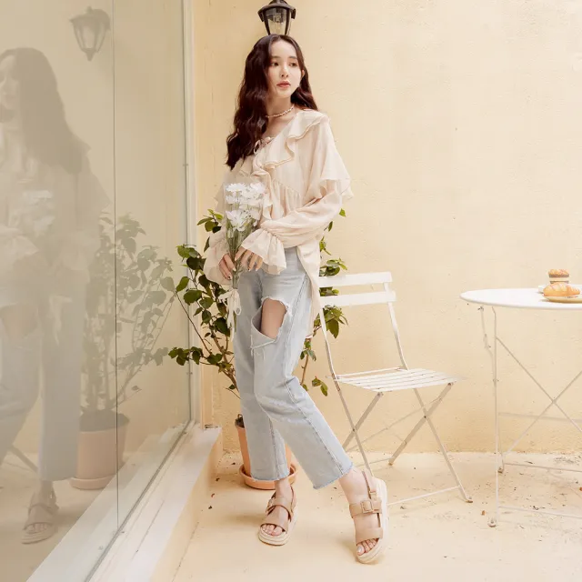 【Ann’S】頂級牛皮方鑽兩穿-升級彈力厚底魔鬼氈涼鞋4cm(杏)