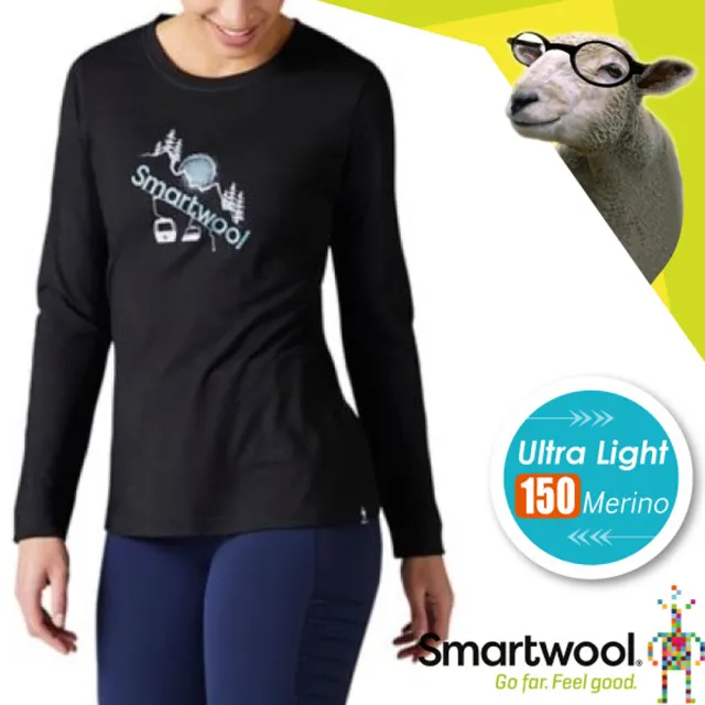 【SmartWool】女 Merino Sport 150 抗菌控溫羊毛長袖塗鴉Tee_滑雪纜車(SW016515 黑色)