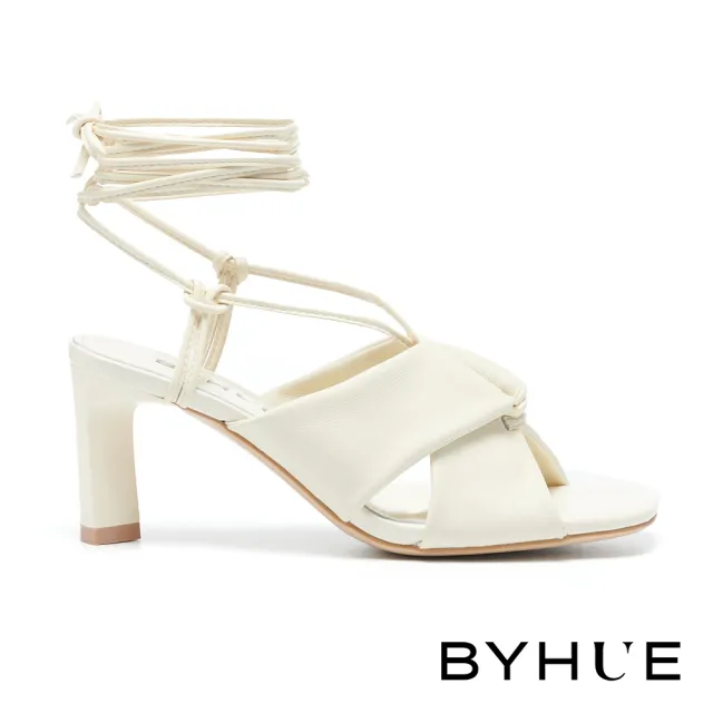 【BYHUE】韓系唯美純色綁帶軟芯方頭高跟涼鞋(米白)