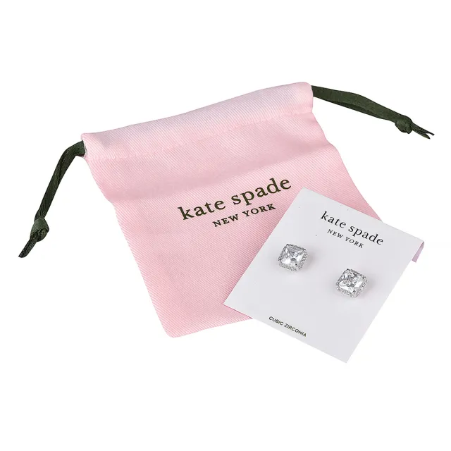 【KATE SPADE】Save The Date壓印LOGO方形設計鑲鑽穿式耳環(銀x白)